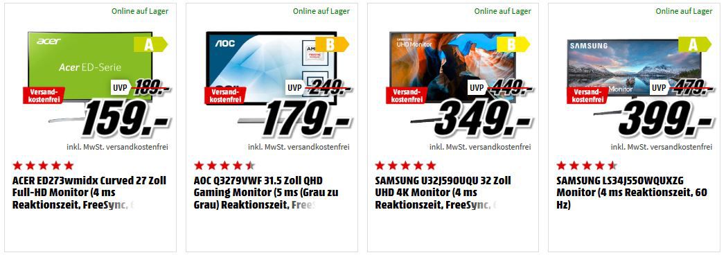 Media Markt Monitor Tiefpreisspätschicht: z.B: ACER Curved WQHD Monitor für 259€