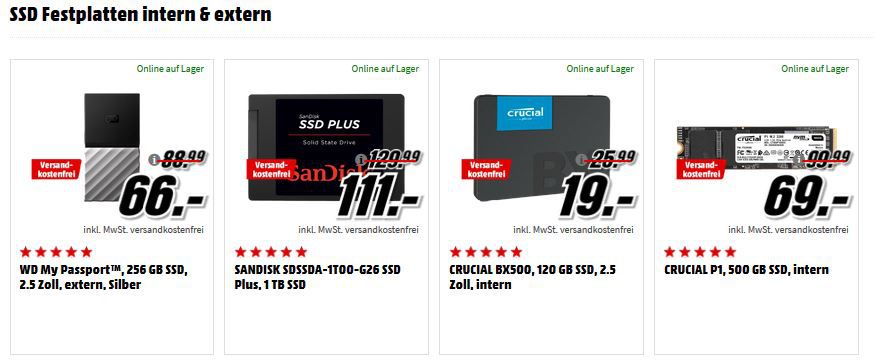 Media Markt Speicher Tiefpreisspätschicht: z.B: CRUCIAL P1 500 GB SSD M.2 PCIe für 69€ (statt 81€)