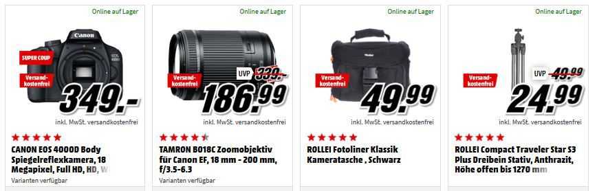 Knaller wieder da! Canon EOS 4000D DSLR Kamera + TAMRON Zoomobjektiv 18 200mm + Tasche + Stativ für 299€ (statt 485€)