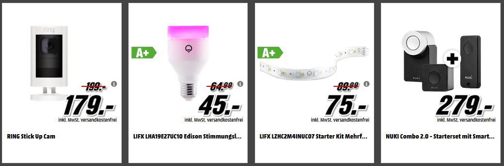 Media Markt Smart Tiefpreiscouch: z.B. LIFX E27 WiFi Lampe Mehrfarbig für 45€ (statt 60€)