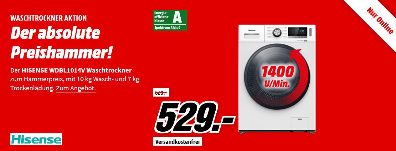 HISENSE WDBL1014V Waschtrockner (10 kg/7 kg, 1400 U/Min., A) für 529€ (statt 595€)