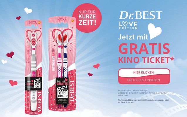 Beim Kauf von 2 Dr. Best „Love Edition“ Zahnbürsten gratis Kinogutschein