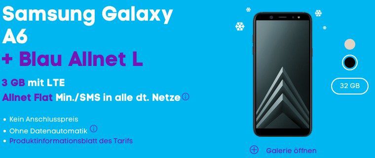 Blau Allnet L mit 3GB nur 13,99€ monatlich + Samsung Galaxy A6 32GB für 1€ (Wert 199€)