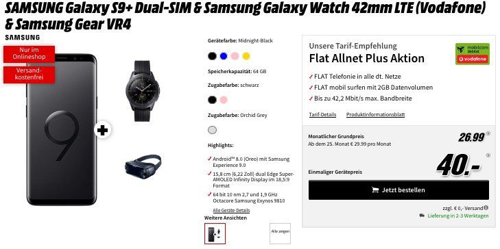 Knaller! ? Samsung Galaxy S9+ mit Galaxy Watch 42mm & Gear VR Brille nur 40€ + Vodafone Allnet Flat mit 2GB für 26,99€ mtl.