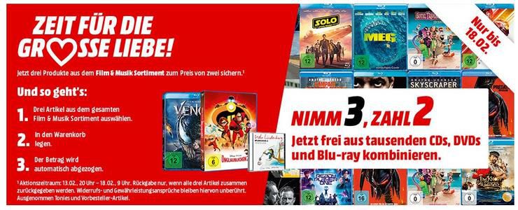 Bei MediaMarkt 3 Blu rays, CD oder DVDs kaufen und nur 2 bezahlen