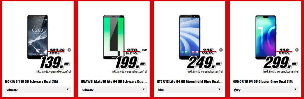 ? Media Markt Smartphone Fieber   z.B. HUAWEI Y6 (2018) 16 GB Dual SIM für 99€