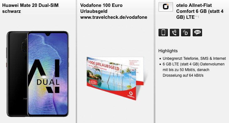 Huawei Mate 20 für 59,95€ + Vodafone Allnet Flat von Otelo mit 6GB LTE für 29,99€ mtl. + 100€ Reisegutschein