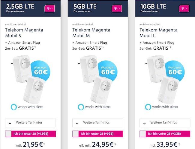 Telekom Magenta Mobil Deals bei Handyflash   z.B. Telekom Magenta Mobil L mit 10GB LTE inkl. StreamOn Music & Video für eff. 33,95€ mtl. + 2x Amazon WLAN Steckdose gratis (Wert 60€)