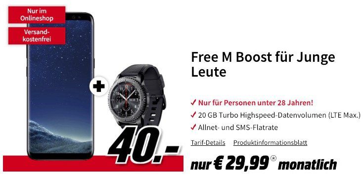 Junge Leute: Samsung Galaxy S8 + Gear S3 frontier nur 40€ + o2 Free M Boost mit 20GB LTE für 29,99€ mtl.