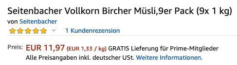 Vorbei! 9kg Seitenbacher Vollkorn Bircher Müsli ab 11,97€ (statt 33€)
