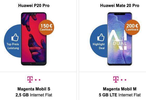 Telekom Tarife mit bis zu 8GB LTE + Huawei Smartphones mit bis zu 200€ Cashback