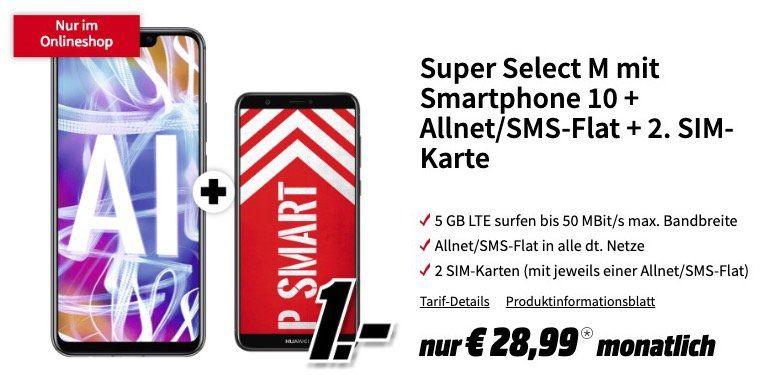 Huawei Mate 20 Lite + Huawei P smart für 4,95€ + o2 Allnet Flat mit 5GB LTE für 28,99€ mtl. + 2. SIM gratis inkl. Allnet Flat