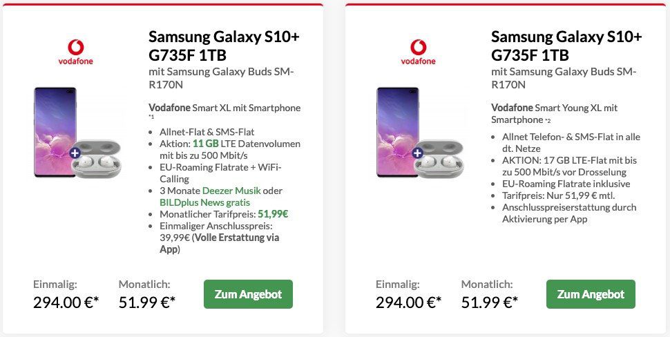 Samsung Galaxy S10+ mit 1TB für 294€ + gratis Samsung Galaxy Buds + Vodafone Flat mit 11GB LTE für 51,99€ mtl.   und noch mehr Angebote