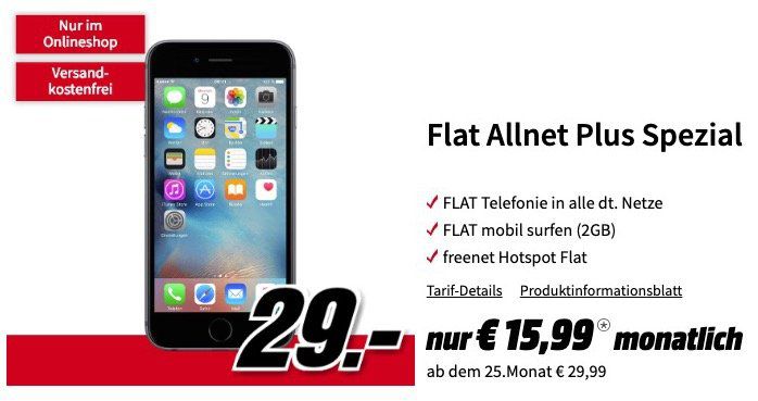 iPhone 6s 32GB für 29€ + Vodafone Allnet Flat mit 2GB für 15,99€ mtl.