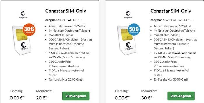 Congstar Tarife im Telekom Netz mit 4GB LTE oder 10GB LTE inkl. 30€ bzw. 50€ Cashback   monatlich kündbar!