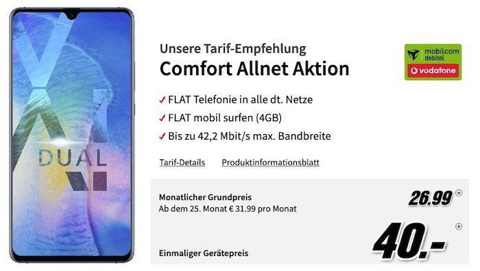 Huawei Mate 20 X für 40€ + Vodafone Allnet Flat mit 4GB für 26,99€ mtl.