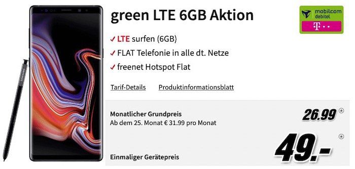 TOP! Samsung Galaxy Note 9 für 49€ + Telekom Allnet Flat mit 6GB LTE für 26,99€ mtl.