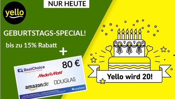 *nur heute* Yello Basic Stromangebote mit bis 15% Rabatt + 80€ BestChoice Gutschein