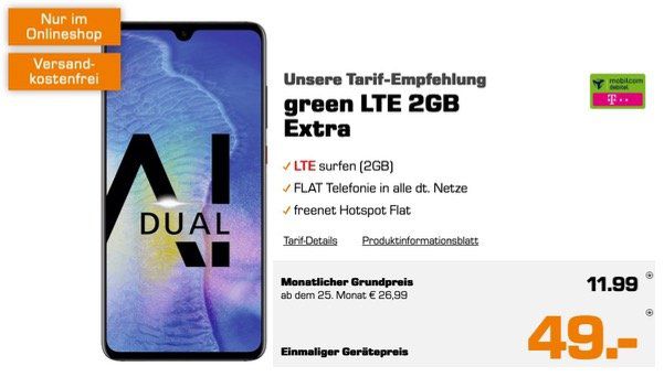 Huawai Mate20 für 49€ mit Allnet Flat mit 2GB LTE im Vodafone oder Telekom Netz für 11,99€ mtl.