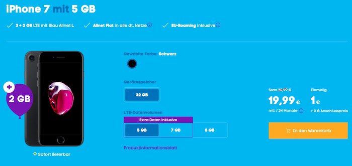 Apple iPhone 7 mit 32GB für 1€ mit Blau Allnet & SMS Flat mit 5GB LTE im O2 Netz für 19,99€ mtl.