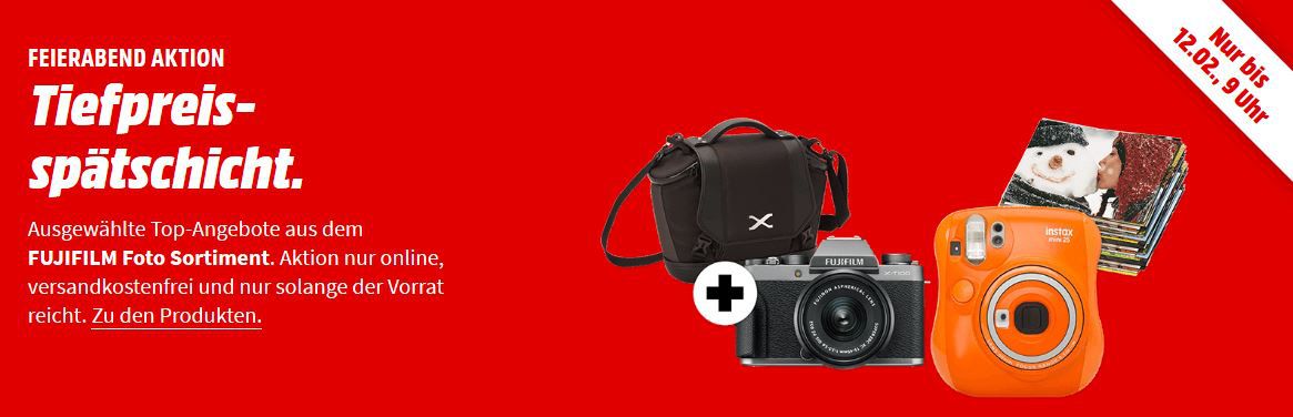 Media Markt Foto Tiefpreisspätschicht   z. B. FUJIFILM X T100 Systemkamera + Tasche für 555€ (statt 652€)