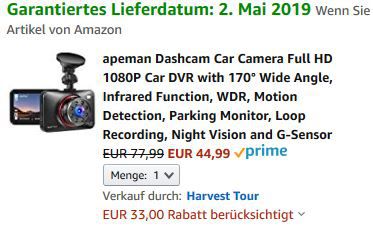 Top! Apeman Dashcam C660 mit Full HD 1080P und Infrarot Funktion für 44,99€ (statt 78€)