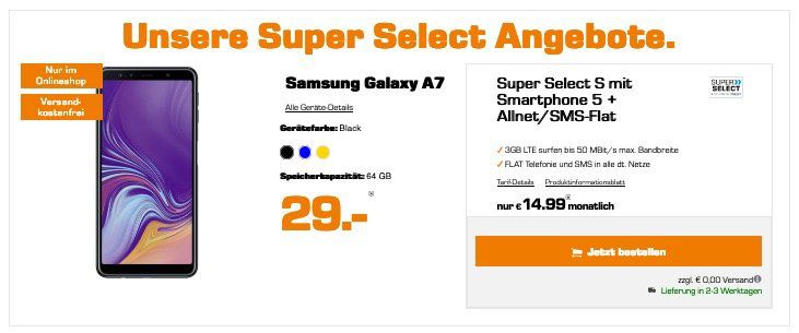 Samsung Galaxy A7 für 29€ + o2 Flat mit 3GB LTE für 14,99€ mtl.