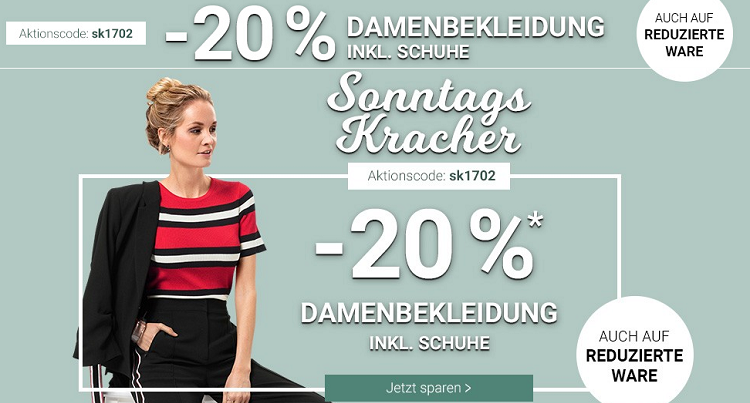 Karstadt Sonntags Kracher mit 20% Rabatt auf Damenbekleidung oder 15% auf Reisegepäck