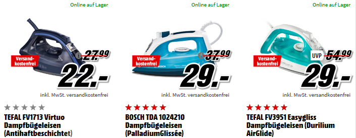 Artikel zum Nähen und Bügeln bei Media Markt   z.B. Tefal FV1713 Dampfbügeleisen für 22€ (statt 30€)