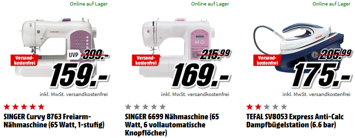 Artikel zum Nähen und Bügeln bei Media Markt   z.B. Tefal FV1713 Dampfbügeleisen für 22€ (statt 30€)