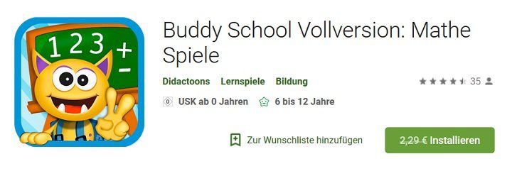 Android App: Buddy School Vollversion: Mathe Spiele gratis (statt 2,29€)