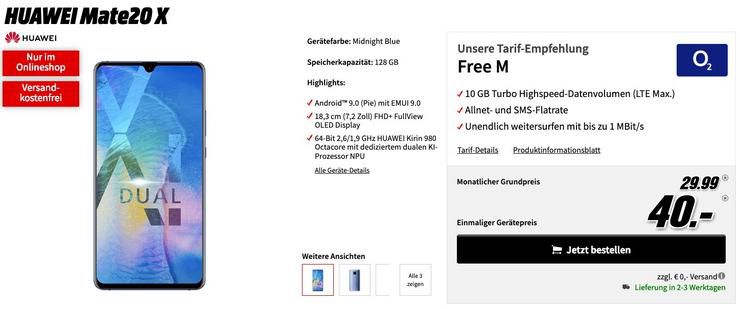 Huawei Mate 20X für 40€ einmalig + O2 Free M Allnet und SMS Flat inkl. 10GB LTE nur 29,99€ mtl.