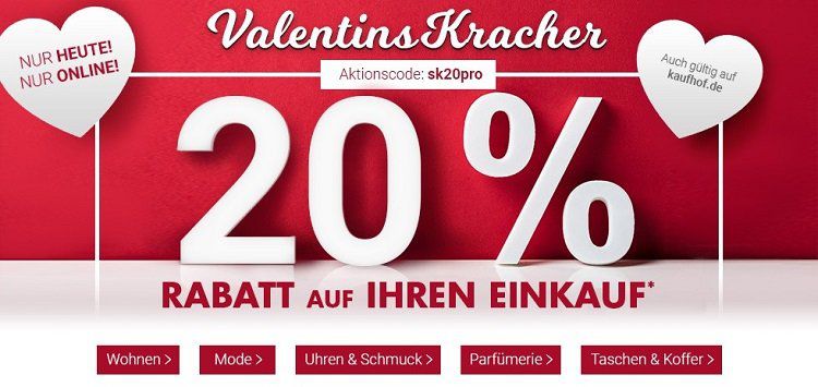 Karstadt Valentinskracher mit 20% Rabatt auf zahlreiche Produkte