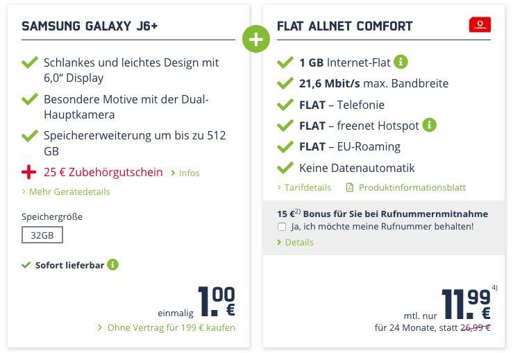 Samsung Galaxy J6+ für 1€ + Allnet Flat im Vodafone Netz mit 1GB ohne LTE nur 11,99 mtl.