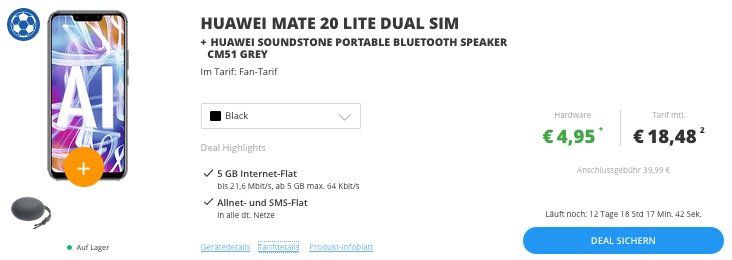 Huawei Mate 20 lite + Bluetooth Box nur 4,95€ + Vodafone Netz Allnet Flat mit 5GB (kein LTE) nur 18,48€/Monat (LTE +5€)