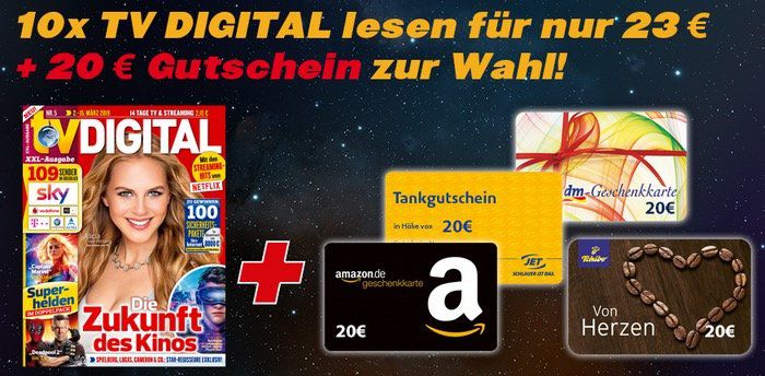 10 Ausgaben TV Digital 🗞️ für 23€ + 20€ Gutschein z.B. Amazon als Prämie