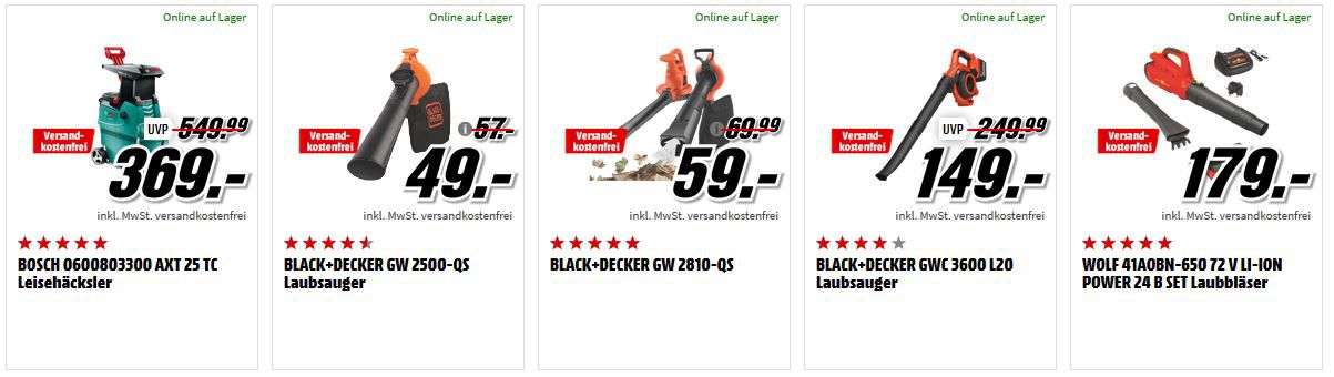 Media Markt Garten Tiefpreisspätschicht: z.B. BLACK+DECKER GW 2500 QA elektro Laubsauger für 49€ (statt 55€)