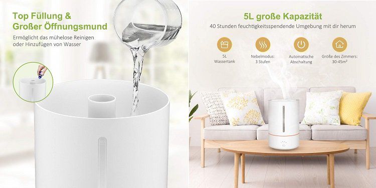 Homasy 5L Ultraschall Luftbefeuchter für 32,99€ (statt 51€)