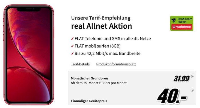 iPhone XR in vielen Farben für je nur 40€ + Vodafone Allnet Flat mit 8GB für 31,99€ mtl.