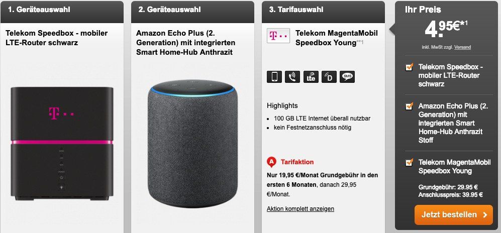 Telekom MagentaMobil Speedbox mit 100GB LTE ab 27,45€ mtl. + Speedbox LTE Router & z.B. Amazon Echo Plus (2. Gen.) für 4,95€