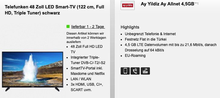 Telefunken 48 Full HD TV für 4,95€ + o2 Allnet Flat von Ay Yildiz Ay inkl. Türkei Flat mit 4,5GB LTE für 14,99€ mtl.