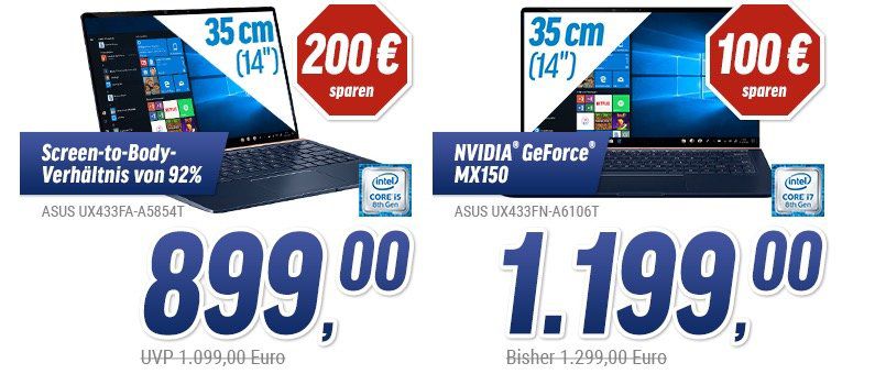 Asus Zenbook Ultrabooks zu Bestpreisen   z.B. ZenBook 14 UX433FA für 899€ (statt 965€)