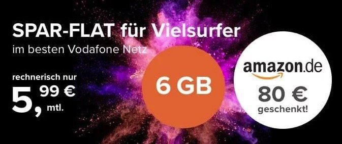 Knaller! 📱 Vodafone Allnet Flat mit 6GB und nur 6 Monaten Laufzeit ab effektiv 5,99€ mtl. dank 80€ Amazon Gutschein