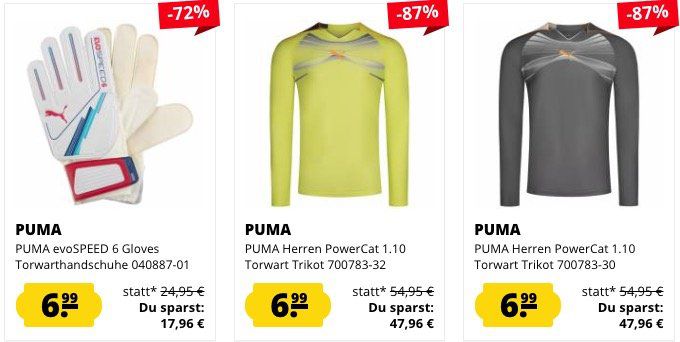 Puma Torwartbekleidung bei SportSpar   z.B. PowerCat 1.10 Torwart Trikot ab 6,99€ (statt 12€)