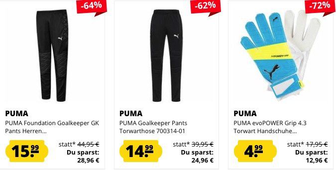 Puma Torwartbekleidung bei SportSpar   z.B. PowerCat 1.10 Torwart Trikot ab 6,99€ (statt 12€)