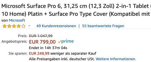 Knaller! Microsoft Surface Pro 6   12,3 Zoll Convertible mit i5 128GB SSD + Type Cover für 799€ (statt 980€)