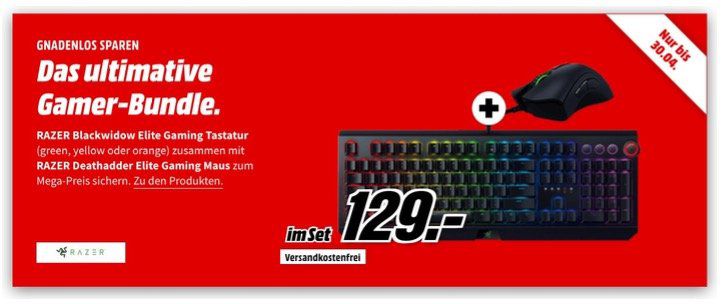 🔥 Razer BlackWidow Elite Green Switch + Razer Deathadder Elite Gaming Maus für 129€ (statt 194€)