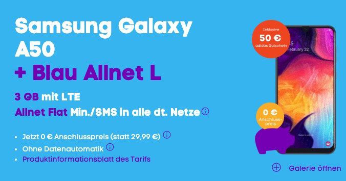 Samsung Galaxy A50 mit 128GB für 1€ + o2 Allnet Flat mit 3GB LTE für 17,99€ mtl. + 50€ adidas Gutschein