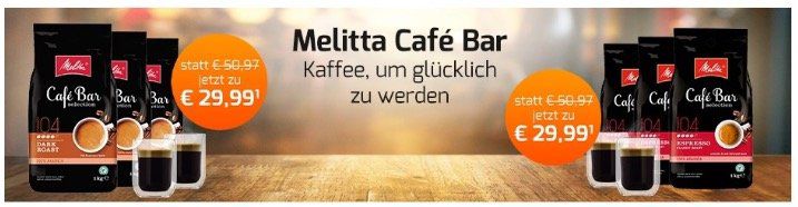 3kg Melitta Cafe Bar Kaffeebohnen inkl. 2 doppelwandige Gläser für 29,99€