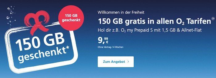 Tipp! o2 Prepaid Karte kostenlos bestellen + 150GB (für 28 Tage) geschenkt   einmalig 15€ aufladen